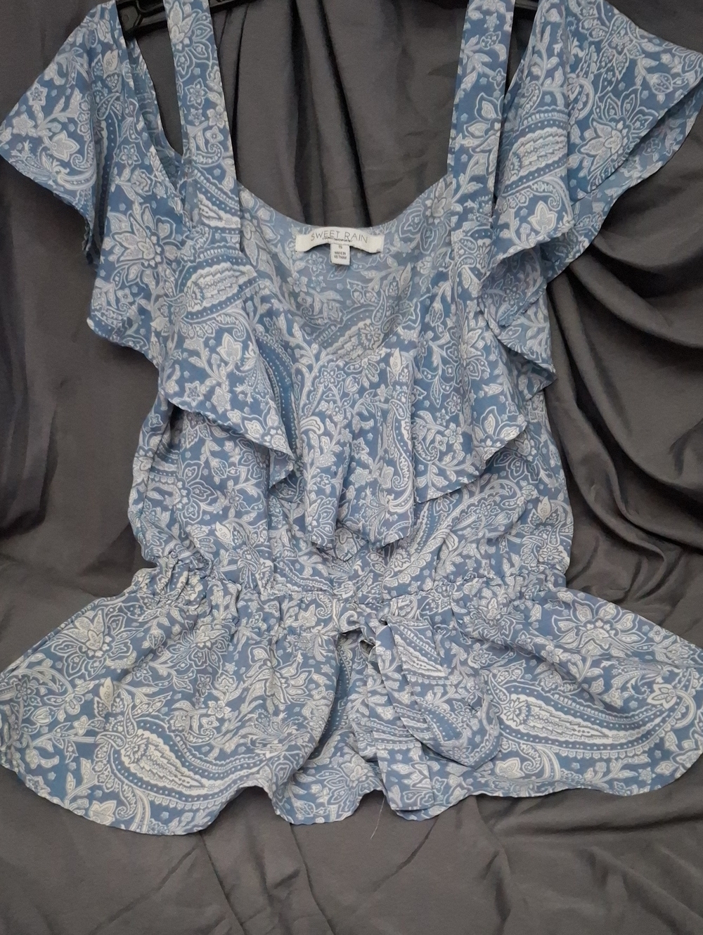 Sweet Rain Light Blue Paisley Ruffle Blouse